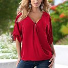 Women\'s Deep V Collar Lace Under Shirt Semi Sleeve Bias Zipper Cool Blouse