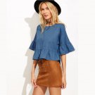 2017 New Women Casual loose Blue Denim Blouse Summer Vintage style O-Neck Denim Shirt Tops Blusas Pl