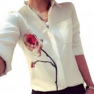 Women  Rose Flower Printed Blouses 2018 New Fashion Long Sleeve Blouse Elegant White Officwe Ladies 