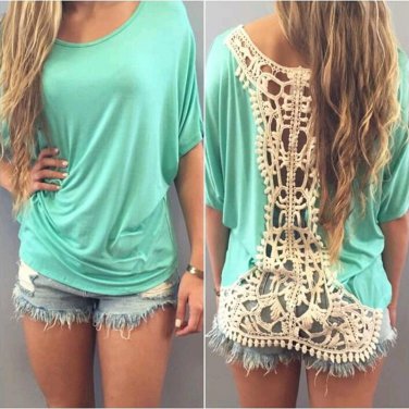 Summer Womens Lace Party Evening Cocktail Loose Lace Tops Blouse Short Sleeve Blouse