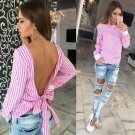 Women Sexy Bowknot Backless Striped Blouse Shirts Long Sleeve O neck Bandage