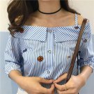 Spring Autumn Embroidered Clothes Word Spread Long-sleeved Striped Printed Off Shoulder Slash Neck B