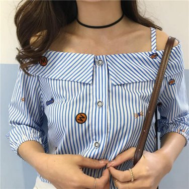 Spring Autumn Embroidered Clothes Word Spread Long-sleeved Striped Printed Off Shoulder Slash Neck B