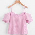 New Women Summer Pinstripe Blouse Camis Cold Sexy Shoulder Top Srtipe Fashion Camis Lady Girl Elegan