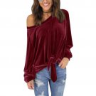 Off Shoulder Velvet Top Blouse Skew Collar Long Sleeve Tops Sexy Loose Bow Tied Blouse Shirts Female