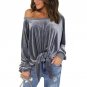 Off Shoulder Velvet Top Blouse Skew Collar Long Sleeve Tops Sexy Loose Bow Tied Blouse Shirts Female