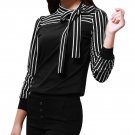 Hot Lady Bow Neck Blouse Stripe Long Sleeve Shirts Casual Fall Tops