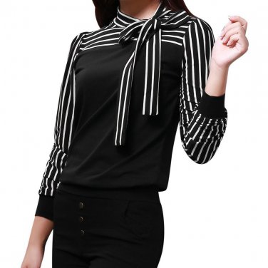 Hot Lady Bow Neck Blouse Stripe Long Sleeve Shirts Casual Fall Tops