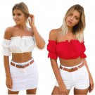 2018 Women\'s Off Shoulder Crop Tops Slash Neck Ruffled Strap Chiffon blouse Kyliejenner Sexy Shirt 