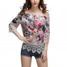 Elegant Women Vintage Elegance Slash Neck Off Shoulder Floral Printed Short Sleeve Soft Chiffon Lace
