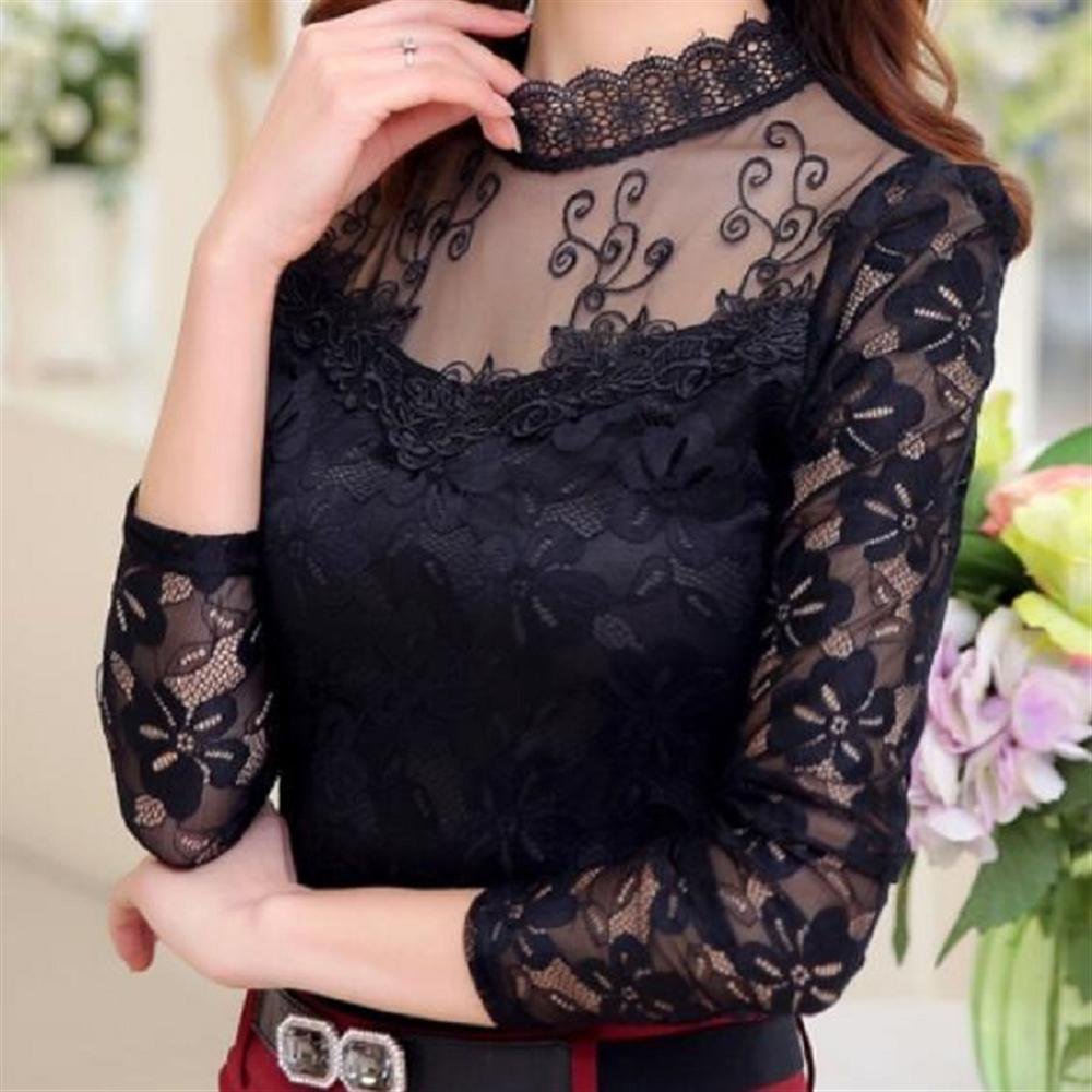 Plus Size Autumn Winter Women Sexy Lace Chiffon Blouses Shirts Ladies Long Sleeve White Black Blusas