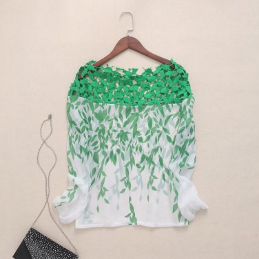 Elegant Chiffon Leaf Print Off Shoulder Blouse Women Hollow Shirt Lantern Sleeve Tops Blouse 2017 Au
