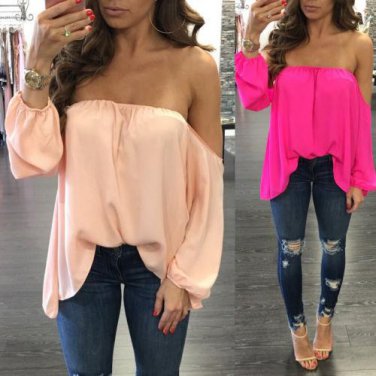 2018 Womens Summer Blouse Off Shoulder Long Sleeve Chiffon Loose Casual Blouses Ladies Clothing Soli