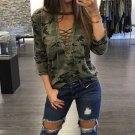 Camouflage Print Blouses Women Shirts Long Sleeve Short Sleeve Sexy Hollow Out Lace Up V Neck Casual