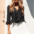 Women\'s V-neck Chiffon Blouse Spots Dots Print 3/4 Falbala Sleeve Summer Blouse Shirts