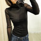 2017 New Fashion Women Slim Fit Blouse High Neck Long Sleeve Mesh Patchwork Solid Tops Lady Casual S
