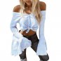 2018 Flare sleeve Blusa Women\'S Shirts Off Shoulder Striped Sexy V-neck White Blue Casual Wrap Tie