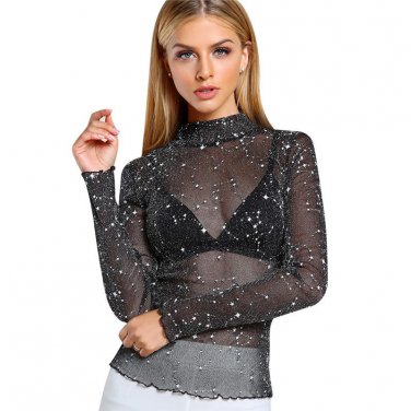 Sheer Mesh Transparent Summer Tops For Women Long Sleeve Shiny Black Blouse Femme 2017 Slim Fit Ladi