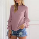 Women Blouse Shirts Autumn Elegant Ladies O-Neck Flounce Long Sleeve Solid Casual Loose Blouse