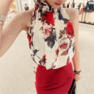 2018 NEW  Summer Women Shirts European Fashion Flowers Print Halter Sleeveless Ruffled Neck Blouse W