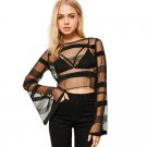 #5505 New Design Women Summer  See-through Perspective Mesh Striped Flare Sleeves Perspective Casual
