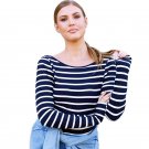 Backless Sexy Summer Top For Women 2017 Long Sleeve Cotton Blouse Round Neck Ladies Causal Striped T