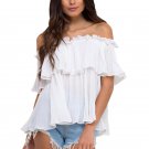2017 Ruffle off Shoulder Chiffon Blouse Shirt Summer Beach Loose White Casual Pleated Short Sleeve S