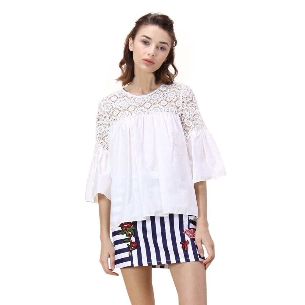 Fashion Autumn Lace Tops Half Sleeve Blouse 2017 New Arrival Women O Neck Flare Sleeves Blusa for El