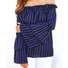 Women Sexy Tops 2017 Slash Neck Off Shoulder Flare Sleeve Blouses Retro Striped Shirts Causal Loose 