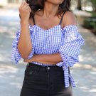 2017 Autumn Women Tops Sexy Ladies Spaghetti Strap Half Sleeve Plaid Print Blouses Fashion Boho Bow 