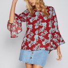 Women Retro Floral Print Blouse Top 2017 Fashion Long Flare Sleeve O-neck Irregular Hem Shirts Ladie