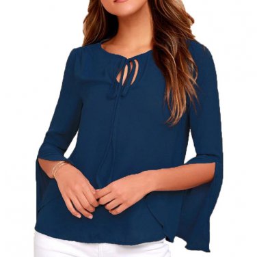 New Womens Round Neck Split Long Flare Sleeve Ruffles Loose Casual Blusas 2017 Autumn Lace-up Party 