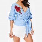Women Vintage Embroidery Blouses 2017 Autumn Sexy Deep V Neck Half Sleeve Tops Fashion Elegant Splic