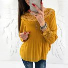 Hot Summer Women Solid Long Sleeve Loose Blouse Casual Elegant Off Shoulder Lace Crochet Splice Work