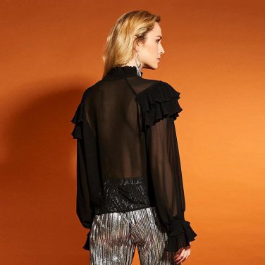 women Blouse ruffled collar pleated falbala shirt lantern sleeve patchwork top 2017 summer fashion s