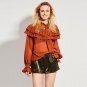 women Blouse ruffled collar pleated falbala shirt lantern sleeve patchwork top 2017 summer fashion s