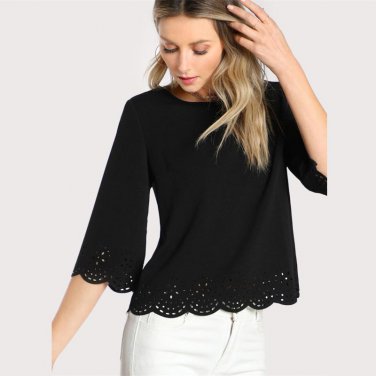 Laser Cut Textured Casual Blouse Women Black Round Neck 3/4 Sleeve Plain Top 2017 Elegant Blouse For
