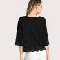 Laser Cut Textured Casual Blouse Women Black Round Neck 3/4 Sleeve Plain Top 2017 Elegant Blouse For