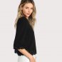 Laser Cut Textured Casual Blouse Women Black Round Neck 3/4 Sleeve Plain Top 2017 Elegant Blouse For