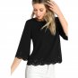 Laser Cut Textured Casual Blouse Women Black Round Neck 3/4 Sleeve Plain Top 2017 Elegant Blouse For