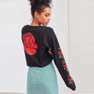 Rose Floral Printed Women Short Hoodie Sweatshirt Jumper Crop Top Autumn Fitness Pullover Cotton Top