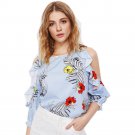 Fashion Cold Shoulder Floral Prints Blouse Women Half Sleeve Shirt Stripe Tops O-Neck Print Straples