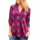 Women Casual Spring Print V-neck Three Quarter Plaid Shirt Top Blouse