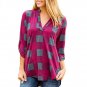 Women Casual Spring Print V-neck Three Quarter Plaid Shirt Top Blouse