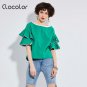 Clocolor women cotton shirts blouses 2017 plus size ruffles sleeve slim o neck tops falbala new fash