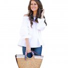 Fashion White Blouse Women Off Shoulder Back Bow Lotus Leaf Sleeves Casual Loose Slash Neck Top Blou
