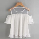 Summer Blouse Women Short Sleeve Off Shoulder Lace Striped Casual O-Neck Tops White Shirt blusas fem
