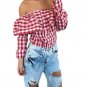 Sexy Off Shoulder Autumn Blouse Women Plaid Top Long Sleeve Blouse Ladies Casual Tops White Red Pink
