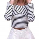 Fashion Trend Style Blouse Women Off Shoulder Stripe Printing Shirt Long Sleeve Slim Blouses High Qu