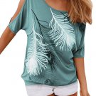 Women\'s O Neck Feather Print Shirt Casual Cutout Sleeve Top Blouse